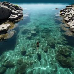 A serene shot of a lone swimmer in a crystal-clear pool