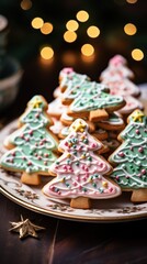 Fototapeta na wymiar Colorful sugar cookies shaped like Christmas trees and reindeer