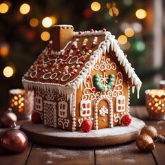 Festive gingerbread house with candy canes and icing decorations