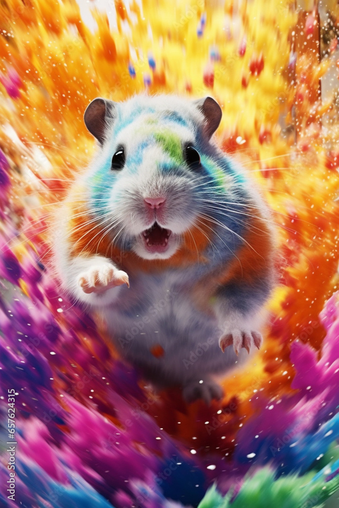 Poster an abstract surreal photograph of a hamster splashed in bright paint, contemporary colors and mood s