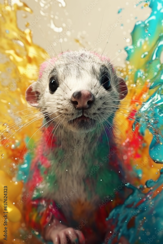 Poster an abstract surreal photograph of a ferret splashed in bright paint, contemporary colors and mood so