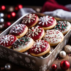 Close-up of a tray of beautifully decorated Christmas cookies