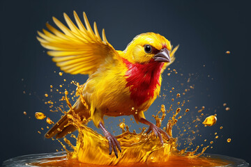 An vibrant photograph of a Canary splashed in bright paint, contemporary colors and mood social background.  