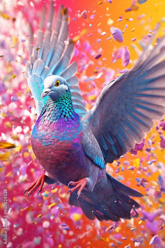 Poster an abstract surreal photograph of a pigeon splashed in bright paint, contemporary colors and mood so