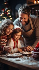 Happy parents and kids smiling while decorating cookies with sprinkles