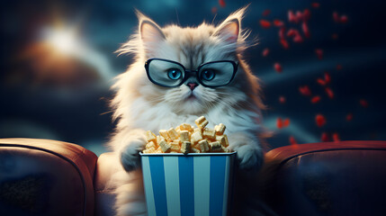Super cute fluffy cat watching movie in the cinema. AI generated image.