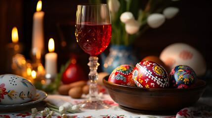 Happy Easter dinner with folk decorated eggs. AI generated image. - obrazy, fototapety, plakaty