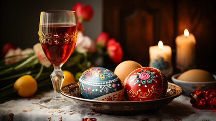 Happy Easter dinner with folk decorated eggs. AI generated image.