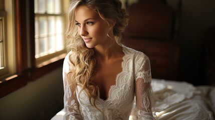 Naklejka premium Intimate moment captured as the bride gets ready for the ceremony