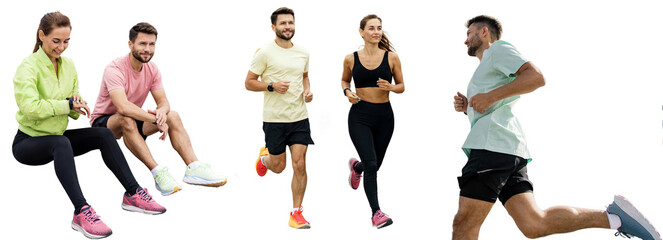 People friends fitness workout in sportswear. Runners are a woman and a man jogging. Motivation...
