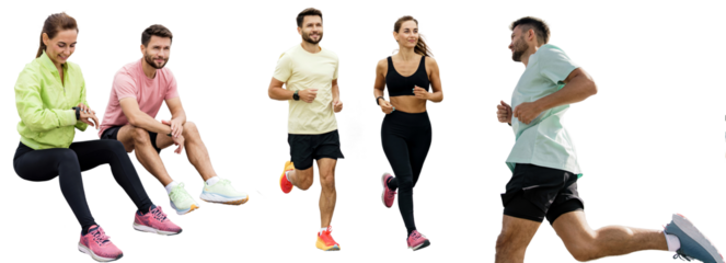People friends fitness workout in sportswear. Runners are a woman and a man jogging. Motivation active and healthy lifestyle. Transparent isolated background.