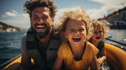 Laughing family having fun while riding on a banana boat