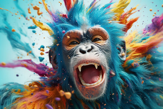 An vibrant photograph of a Monkey splashed in bright paint, contemporary colors and mood social background.  