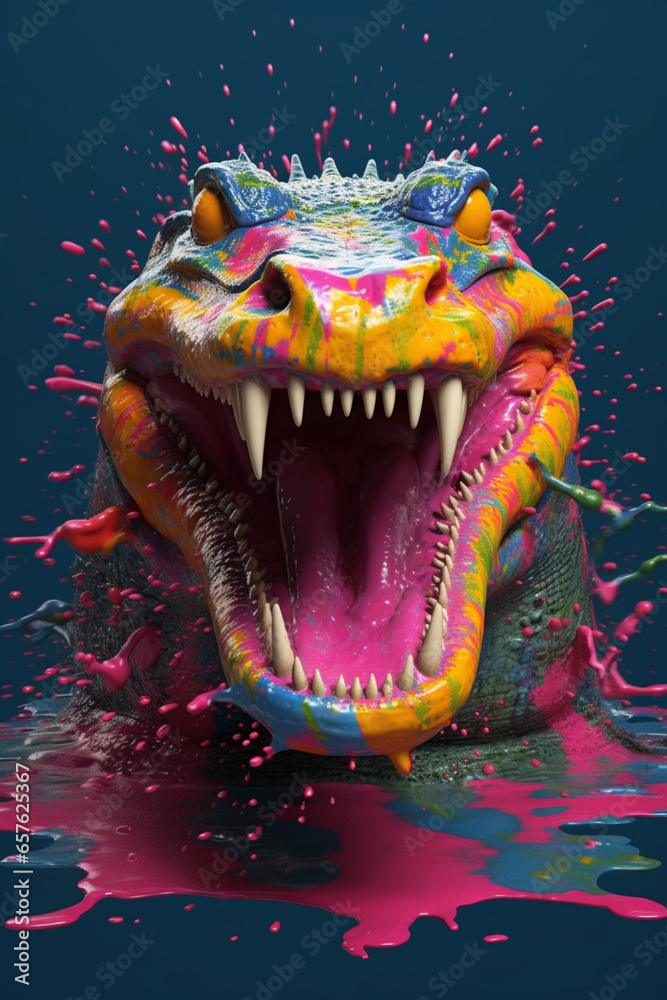 Poster an abstract surreal photograph of a crocodile splashed in bright paint, contemporary colors and mood