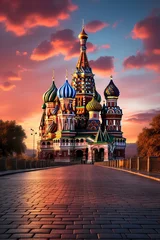 Tuinposter Moskou  Iconic Saint Basil's Cathedral with colorful onion domes in Red Square, Moscow, Generative AI