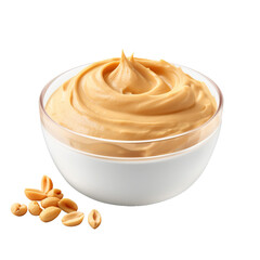 peanut butter cream in a bowl with peanut beans isolated on transparent background cutout - obrazy, fototapety, plakaty