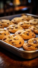 Delicious chocolate chip cookies fresh from the oven on a tray