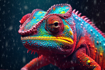 A curious chameleon blending into its colorful surroundings, its body marked with dripping paint in various shades, symbolizing the adaptability and camouflage skills of these reptiles.  - obrazy, fototapety, plakaty