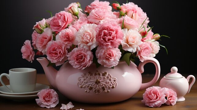 Soft pink roses and carnations in a vintage-style teapot