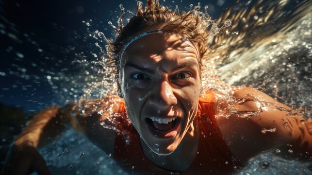 Energetic shot of a swimmer racing through the water like a torped