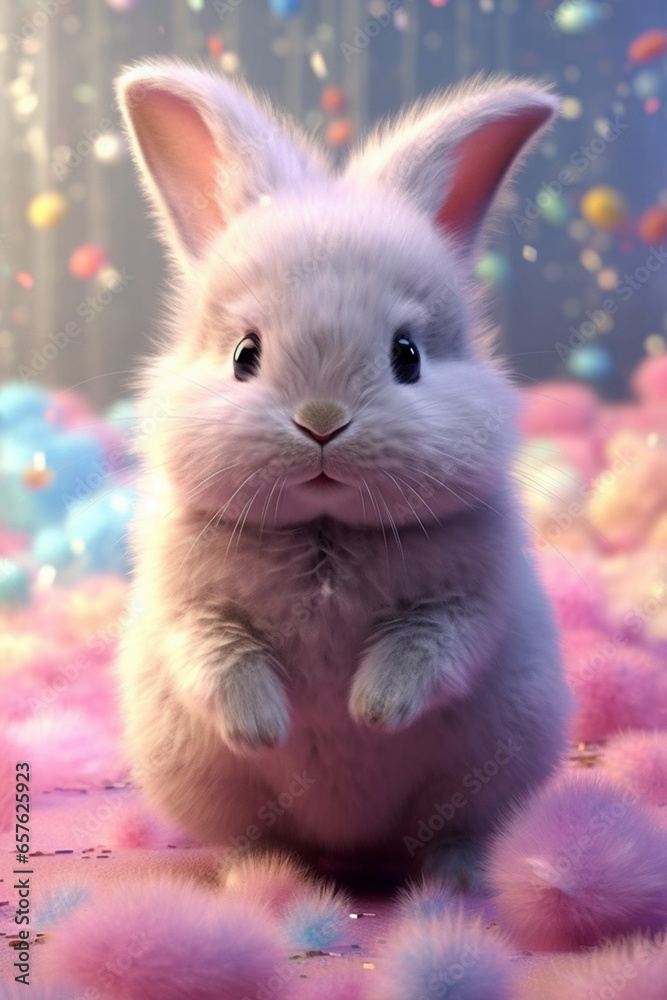 Wall mural a charming bunny with fluffy fur covered in delicate pastel paint drips, capturing the innocence and