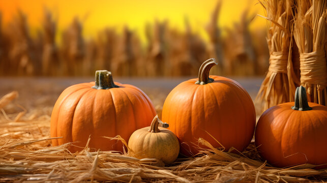 Hello autumn. Pumpkins on hay. AI generated image.