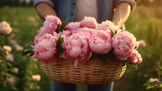 Man holding a wooden basket with pink peony flowers. AI generated image