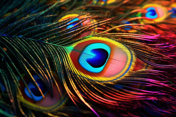 Obraz premium The vibrant colors and patterns of a peacock feather, showcasing its intricate arrangement and iridescent shine. 