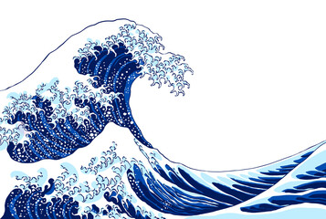 Illustration of the sea. Mount Fuji. Offshore from Kanagawa. Hokusai. Wave. Digital art, hand drawn. Good quality  for printing. Art poster for interior design and collages. 