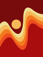 Abstract colorful seascape illustration with yellow, orange and red sea waves and golden sun decoration - 657627365