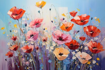 oil painting of flowers poppies on pastel blue background