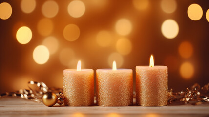 Fototapeta na wymiar Golden glittering sp candles aglow, casting a soft illumination backdrop of twinkling lights, capturing the essence of festive warmth and elegance