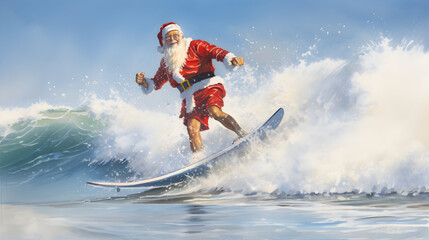 Man surfing in Santa Claus costume. Christmas vacation concept. AI generated image. - obrazy, fototapety, plakaty