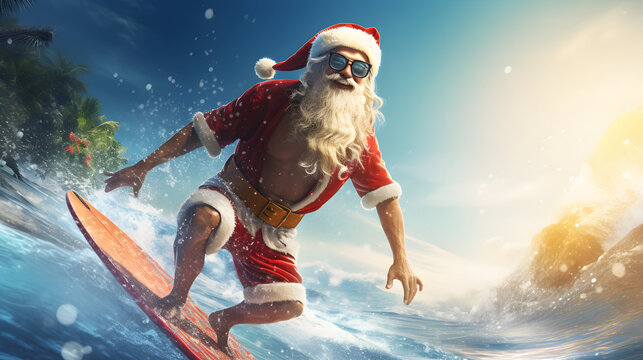 Man surfing in Santa Claus costume. Christmas vacation concept. AI generated image.