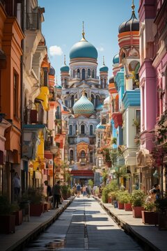 Vibrant and bustling Arbat Street in Moscow, known for its street performers and art, Generative AI