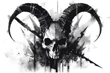 Foto op Plexiglas human skull with goat horn black and white, tattoo sketch © Маргарита Вайс
