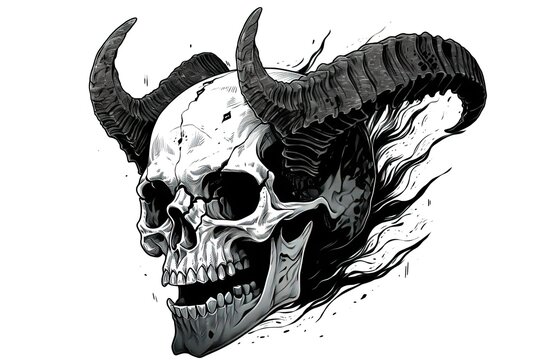 human skull with devil horn black and white, tattoo sketch