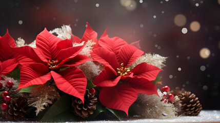 Christmas decoration with poinsettia and pine arrangement. AI generated image.
