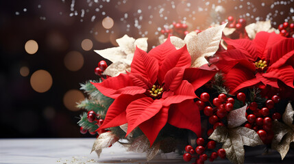 Christmas decoration with poinsettia and pine arrangement. AI generated image.