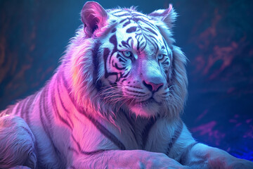 A pastel-colored Tiger with a majestic mane, rendered in soft hues of pink, purple, and blue, exuding a serene and regal presence. 
