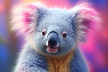 A pastel-colored Koala with a majestic mane, rendered in soft hues of pink, purple, and blue, exuding a serene and regal presence. 