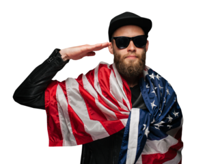 Patriot hipster man with USA flag over transparent background