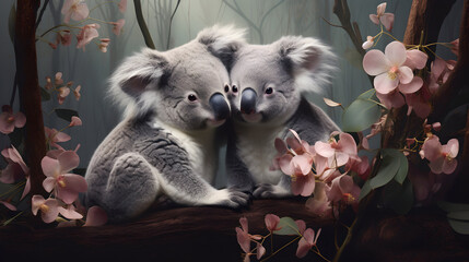 Super cute koalas couple hugging. Happy Valentine's day concept. AI generated image.