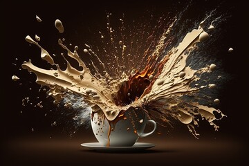 Splashes of coffee, a cup with splashes, digital art style, illustration painting