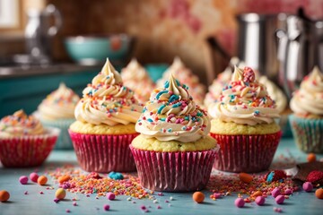 Confectionery design of delicious beauty delicious and tasty cupcakes with cream and colorful sprinkles in the colorful background of the kitchen. Generative AI.
