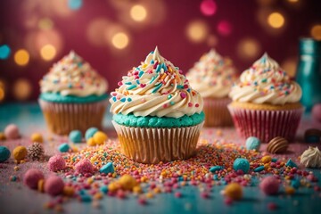 Fototapeta na wymiar Confectionery design of delicious beauty delicious and tasty cupcakes with cream and colorful sprinkles in the colorful background of the kitchen. Generative AI.