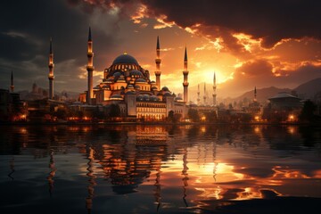 Fototapeta premium Majestic mosque with stunning minarets against a golden sunset, Generative AI