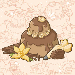 cream puff pastry filled with chocolate - nice design for logo, patch, icon, Illustration for kids books, recipes books gift card - Kawaii style dessert and cake