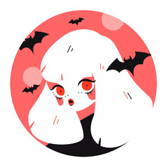 Vector illustration of Gothic style young woman with white hair, red eyes. Kawaii cute hand drawn style. Bat flying. Halloween night party concept art. Vampire girl. Flat style.