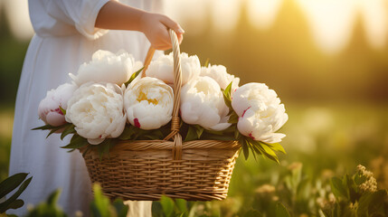 Woman holding a wooden basket with white peony flowers. AI generated image